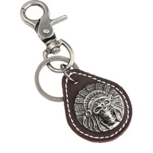 Brown Leather Keychain with Pewter Lion Medallion